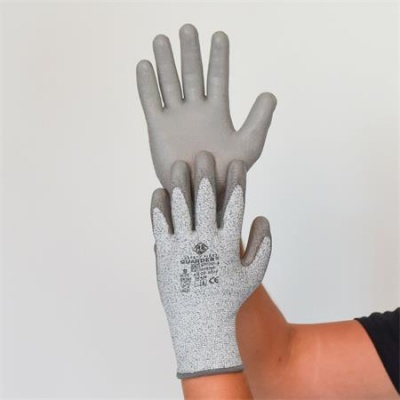 Védőkesztyű, HPPE, tenyerén PU mártott, vágásbiztos, M méret, szürke